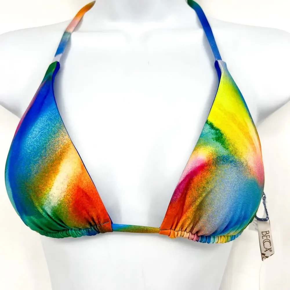 BECCA Paper Mache Cheryl Reversible Triangle Bikini Top Small Rainbow Blue NWT